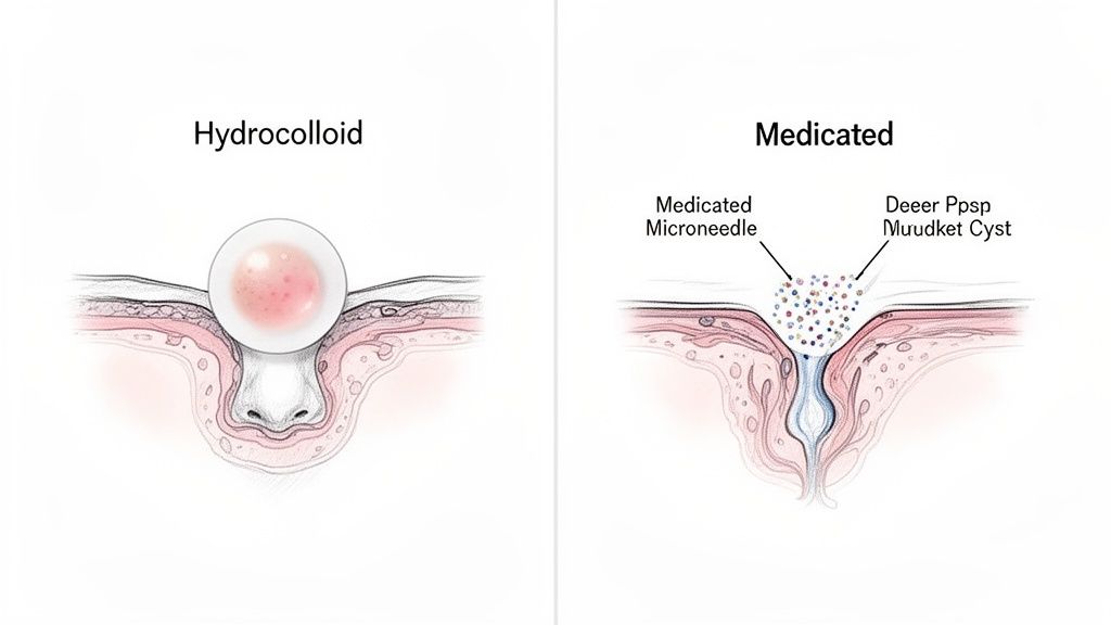Two diagrams illustrating hydrocolloid and medicated microneedle patches treating a pimple and a deep cyst.
