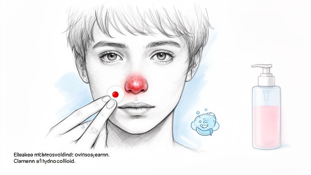 A person's face with an inflamed red nose, applying a round acne patch, with a skincare pump bottle nearby.