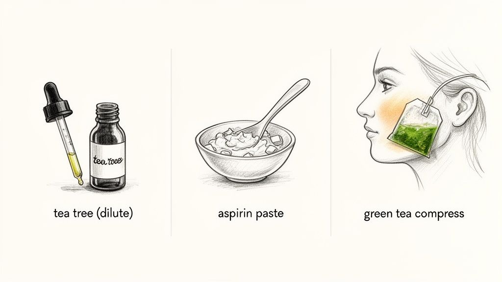 Illustrations showing three natural remedies: dilute tea tree oil, aspirin paste, and a green tea compress.