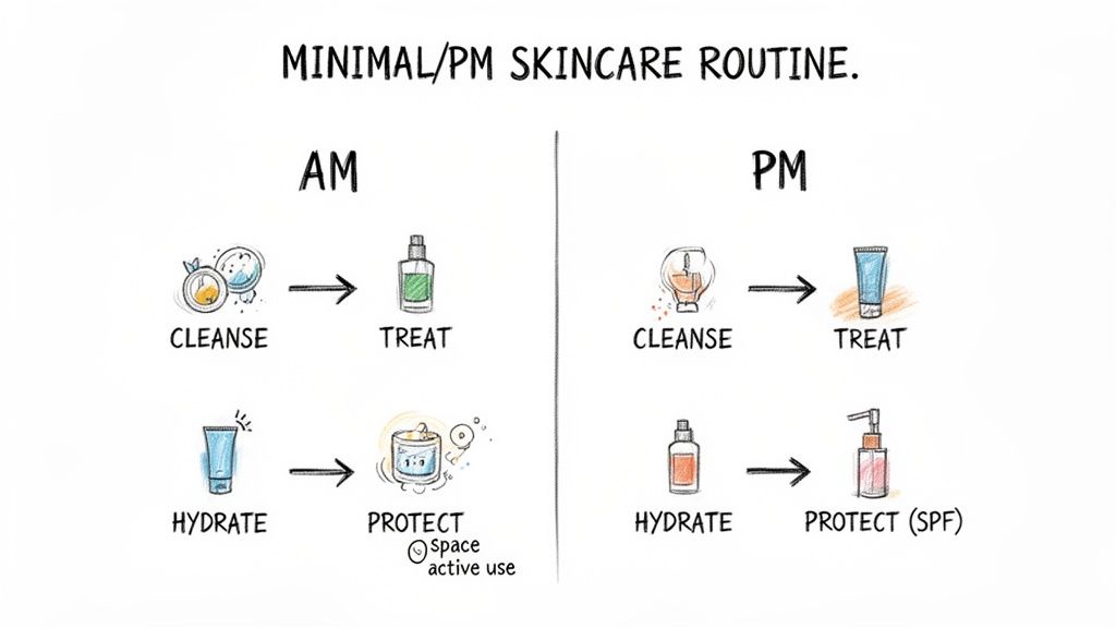 An illustration detailing a minimal AM and PM skincare routine with four steps each.