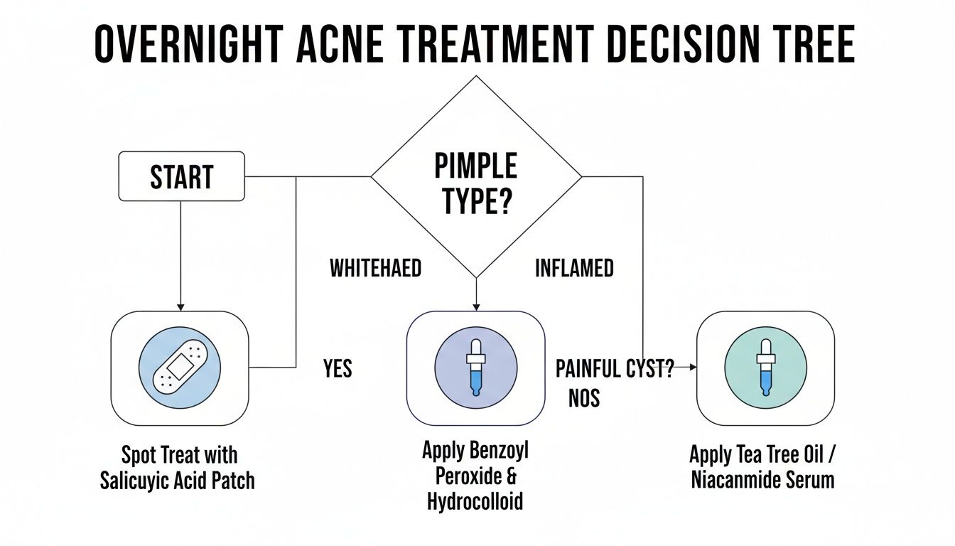 Flowchart detailing overnight acne treatment options for whiteheads, inflamed pimples, and painful cysts.
