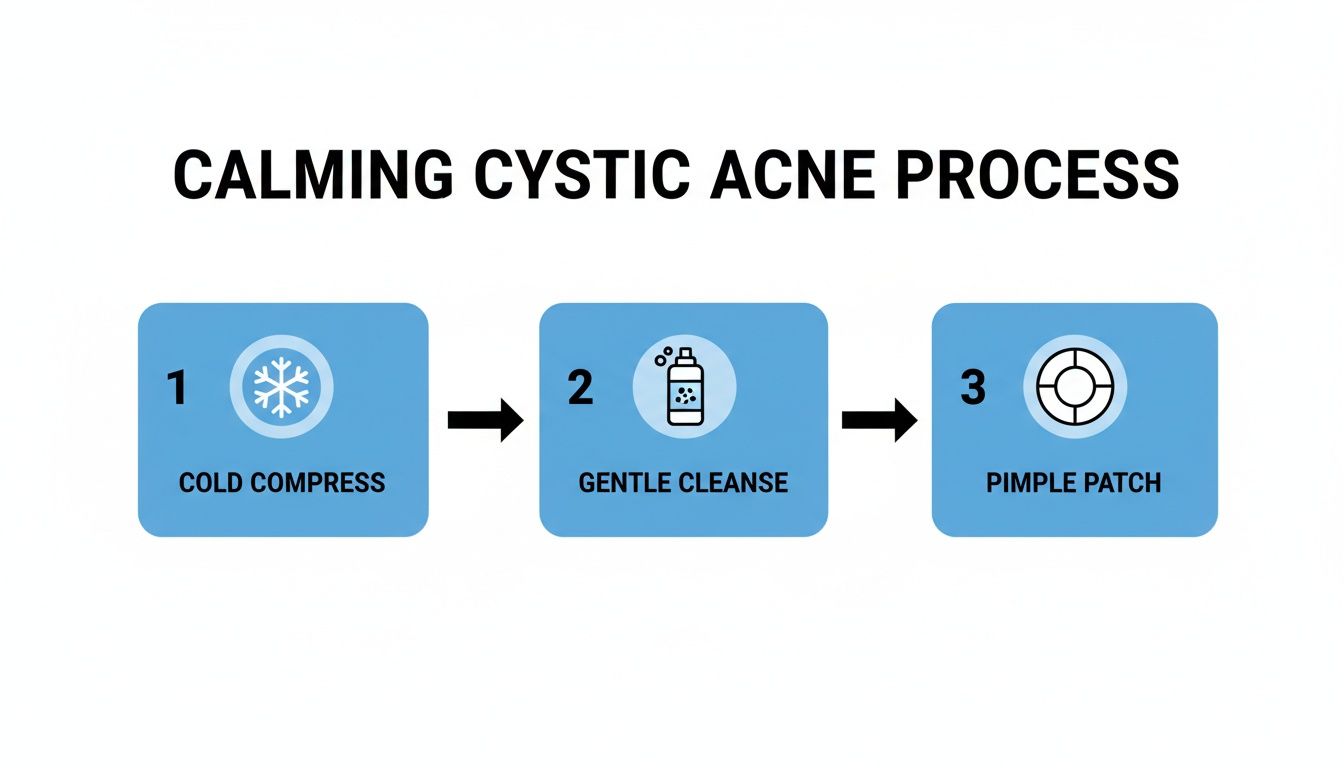 Diagram showing a three-step process for calming cystic acne: cold compress, gentle cleanse, and pimple patch.