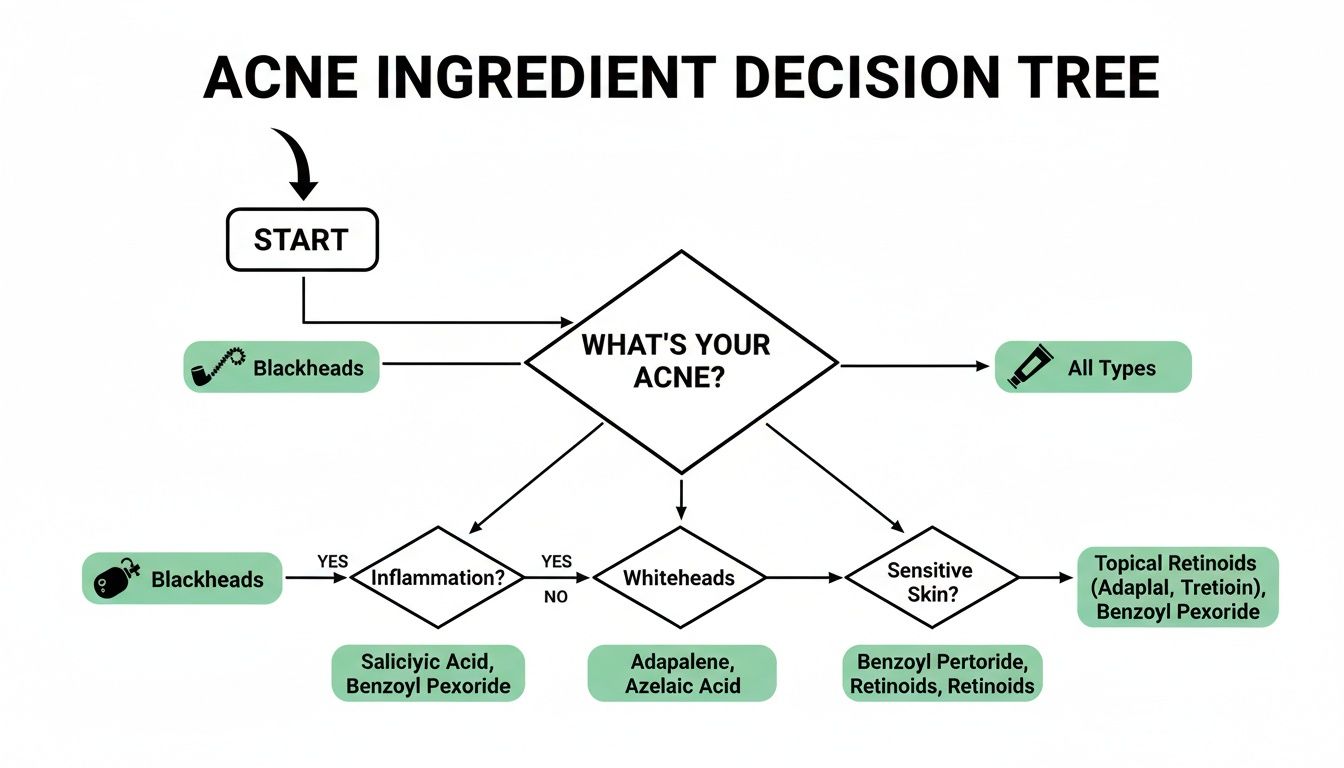 A decision tree flowchart for selecting acne ingredients based on acne type and skin sensitivity.