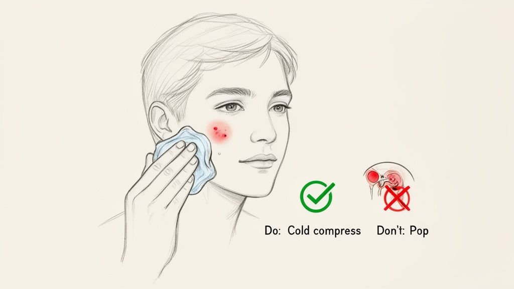 Illustration of a person with acne applying a cold compress, advising against popping pimples for skin care.