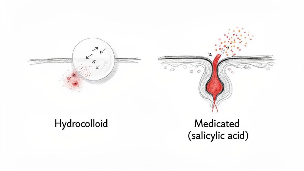 Illustration comparing hydrocolloid patch absorbing surface pimples versus salicylic acid treating deep, unpopped acne.