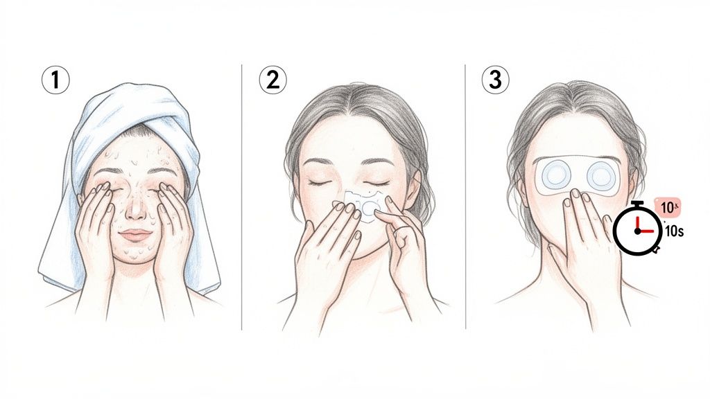 A three-step illustration of a skincare routine including washing the face, applying a nose strip, and eye patches.
