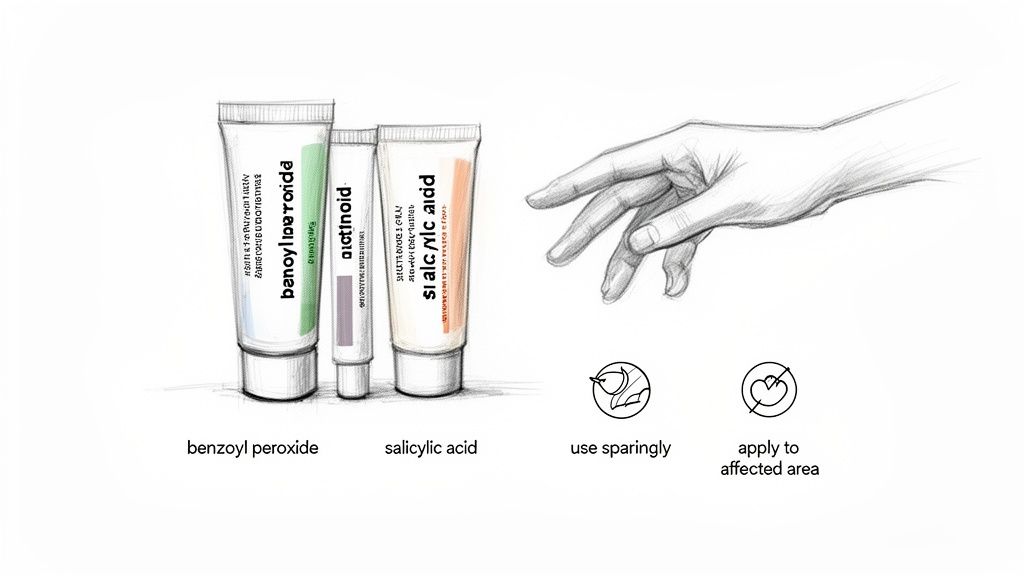 Illustration of acne treatments benzoyl peroxide and salicylic acid with instructions to use sparingly and apply to affected area.