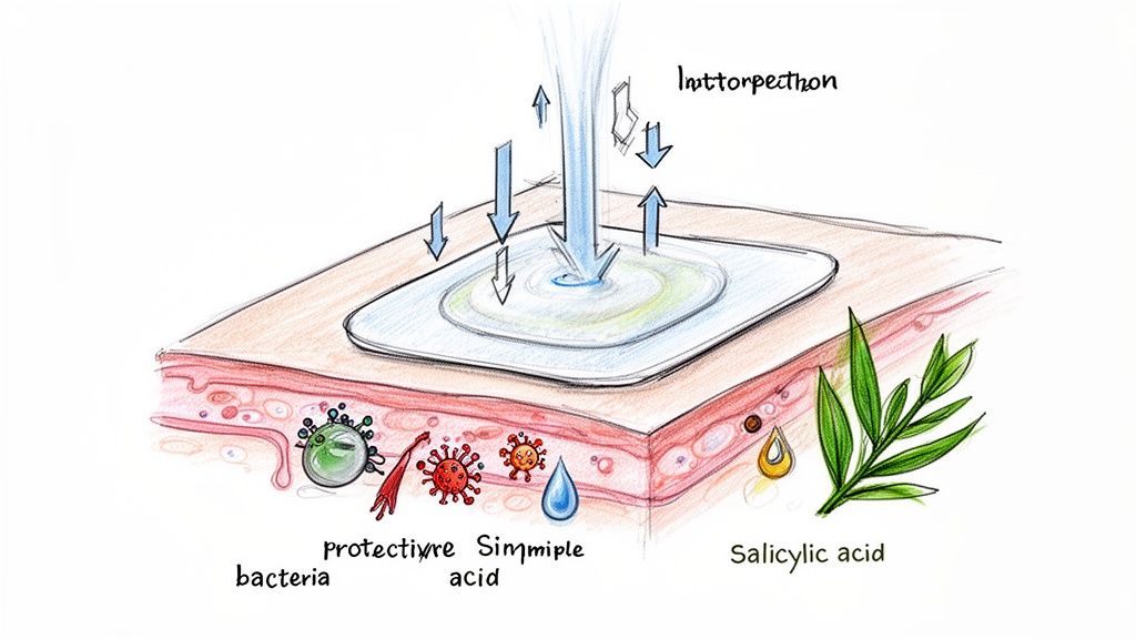 An illustration of a skin patch managing substances, with bacteria and various acids like Salicylic acid shown within the skin.