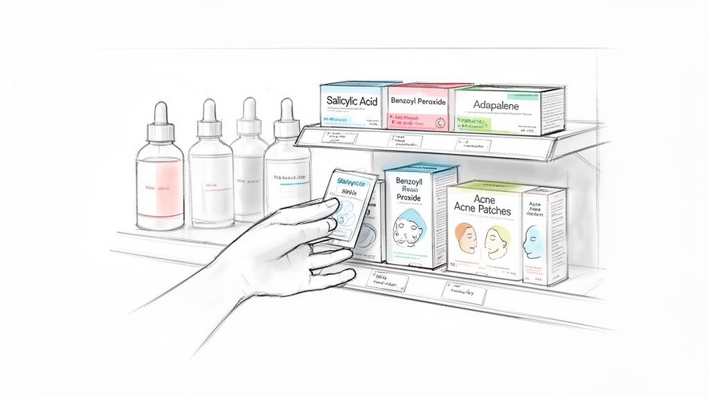 A hand reaches for an acne treatment product on a store shelf with various skincare solutions.