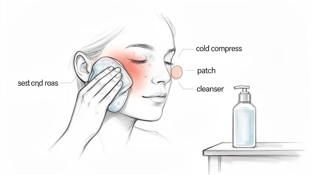Illustration of a woman applying a cold compress to her face, showing acne treatment steps.