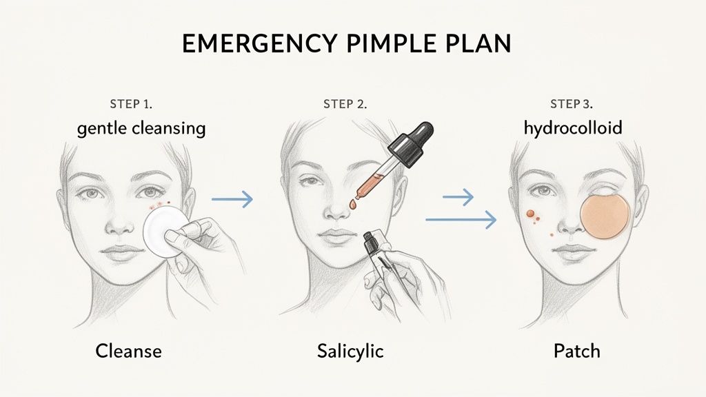 Illustration of a 3-step emergency pimple plan: gentle cleansing, salicylic acid application, and hydrocolloid patch.