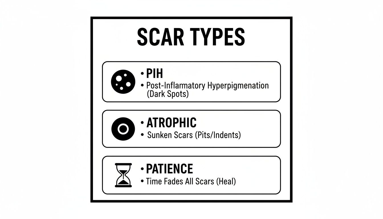 Infographic illustrating scar types: PIH (dark spots), Atrophic (sunken scars), and Patience (healing over time).
