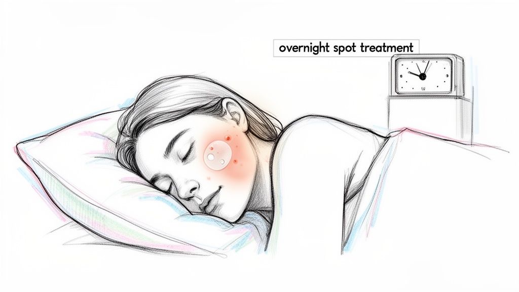 Illustration of a woman sleeping with overnight acne spot treatment patches on her face.