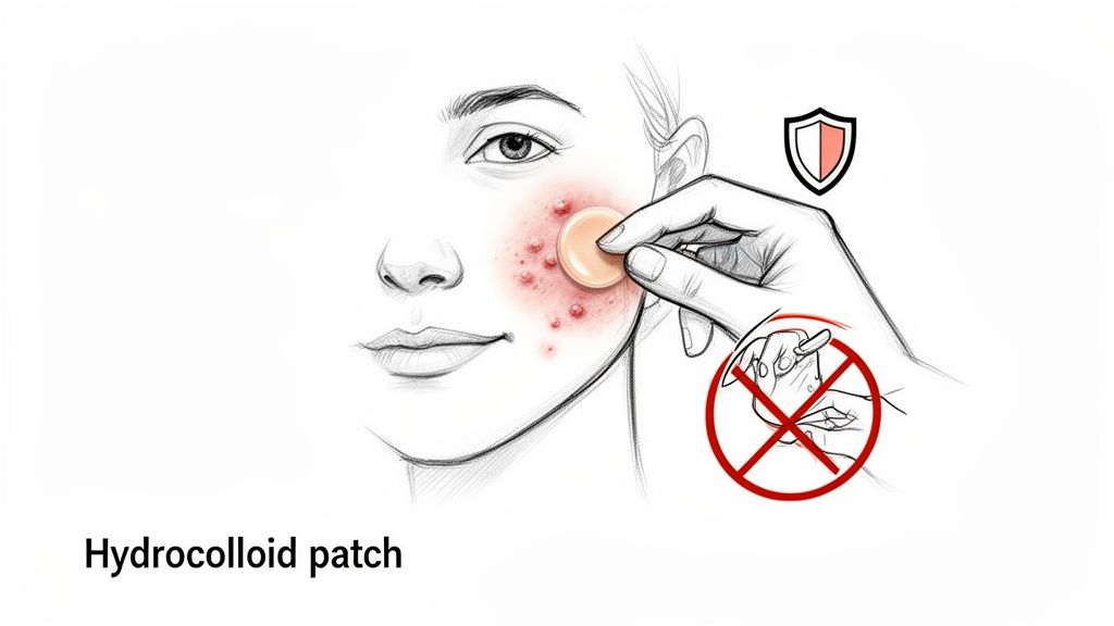 A sketch shows a hand applying a hydrocolloid patch to a person's acne-prone cheek, with a 'no picking' symbol.