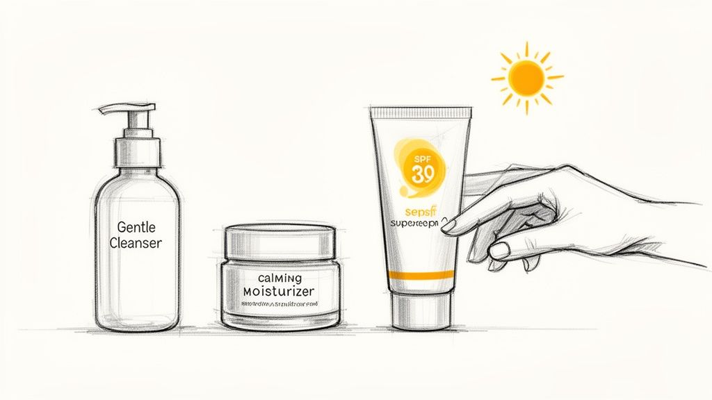 Illustration showing a skincare routine: gentle cleanser, calming moisturizer, and SPF 39 sunscreen.