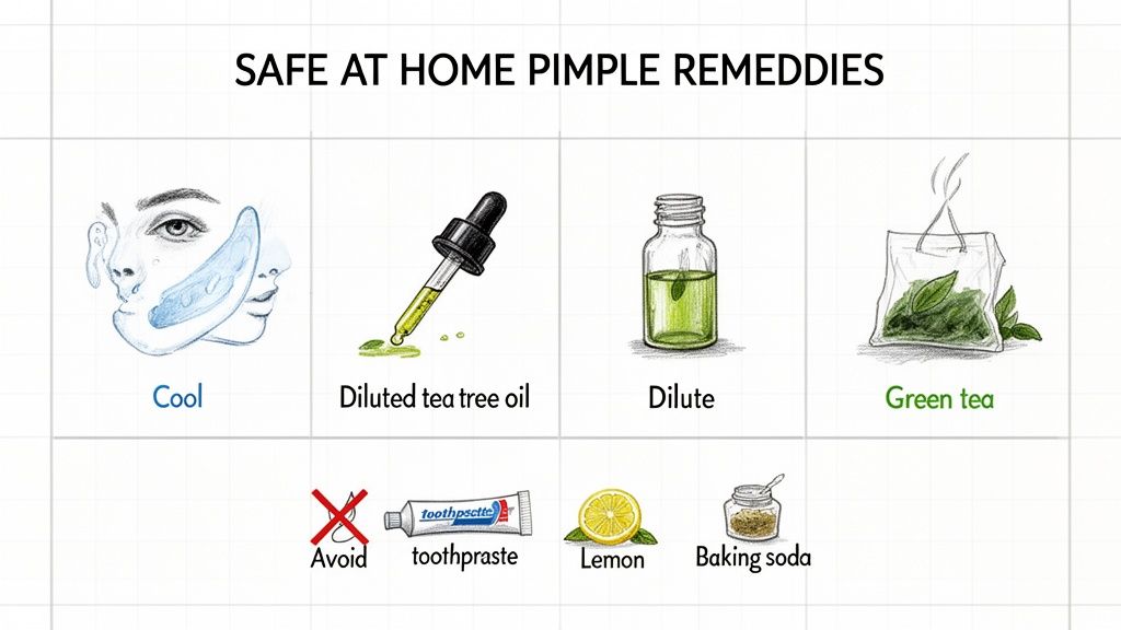 Safe and unsafe home remedies for pimples: use cool, tea tree oil, green tea; avoid toothpaste, lemon, baking soda.