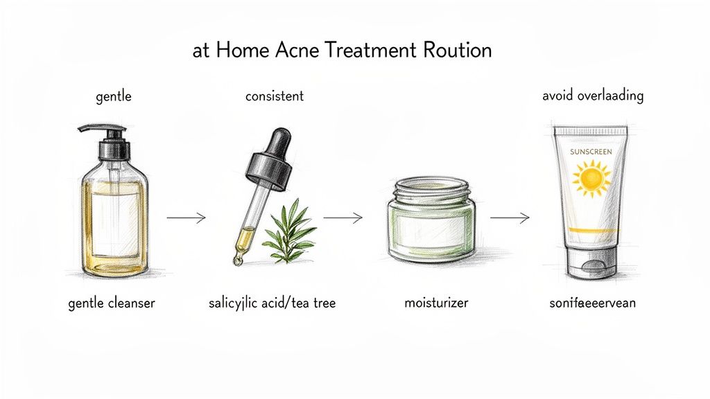 A simple drawing illustrating a four-step home acne treatment routine: cleanser, salicylic acid/tea tree, moisturizer, and sunscreen.