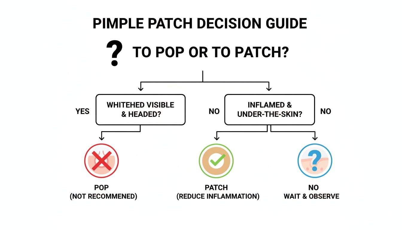 Pimple patch decision guide flowchart: when to pop, patch, or wait for different pimple types.