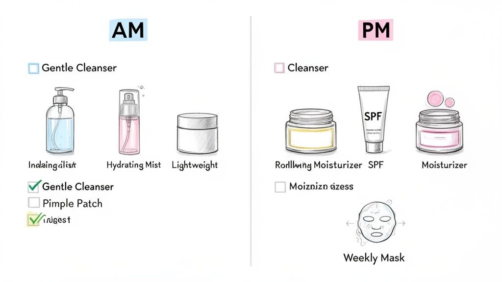 An illustrated AM and PM skincare routine showing various products like cleansers, mist, SPF, and a weekly mask.