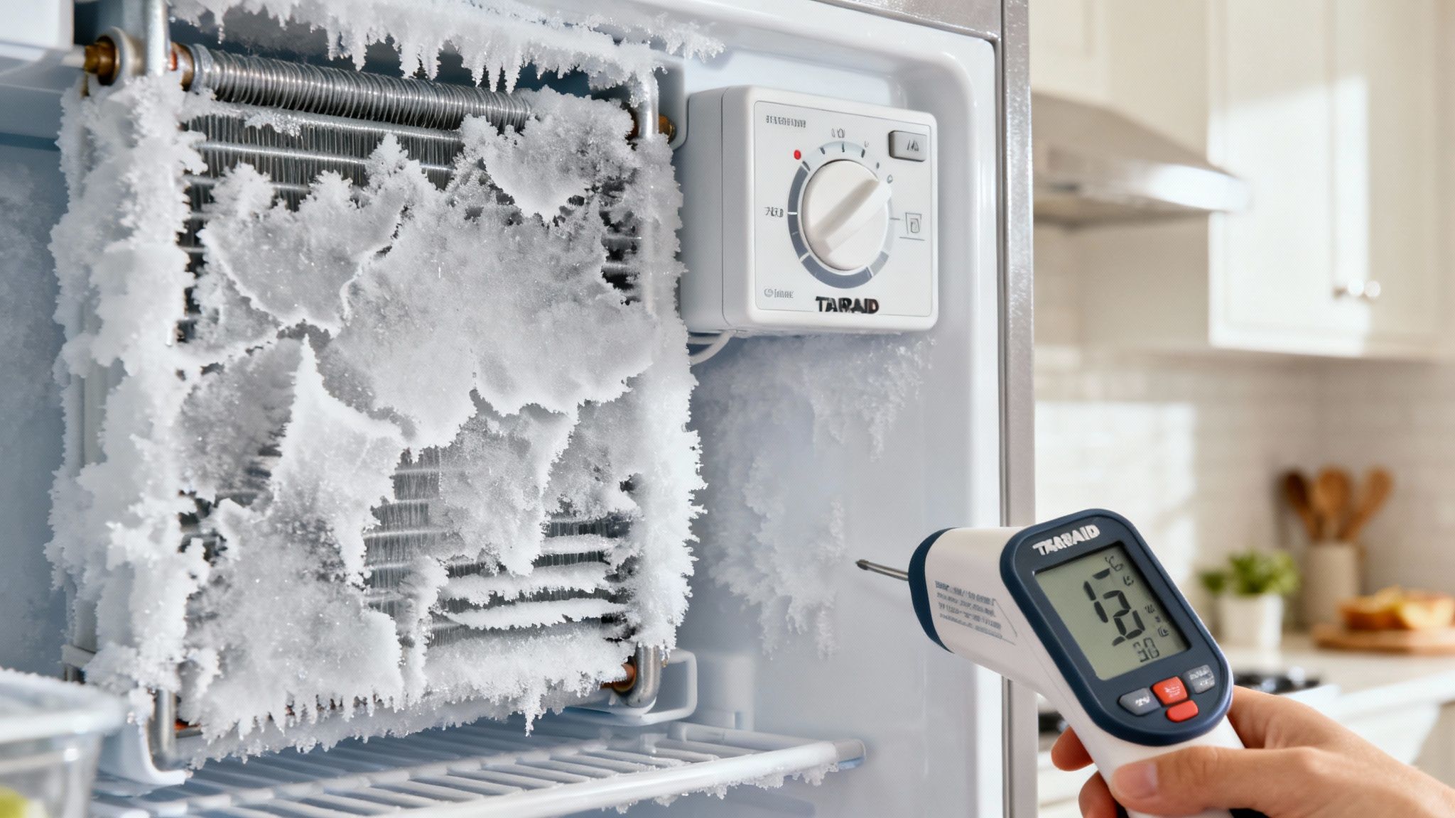 Dirty refrigerator condenser coils being cleaned