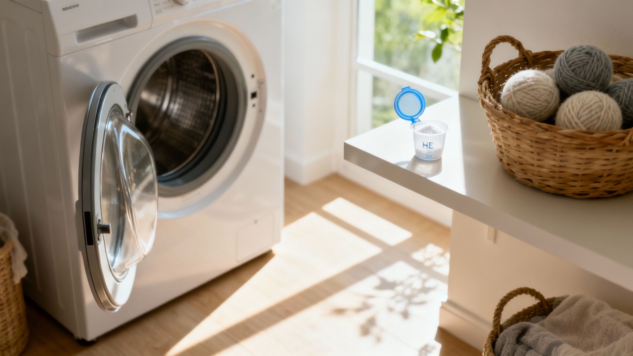 A person leaving the door of their front-load washing machine open to air dry
