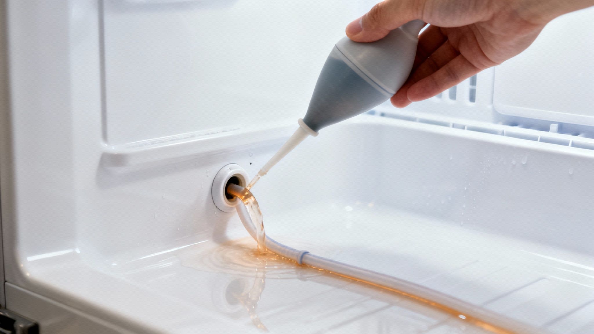 A person inspecting the water supply line behind a refrigerator.