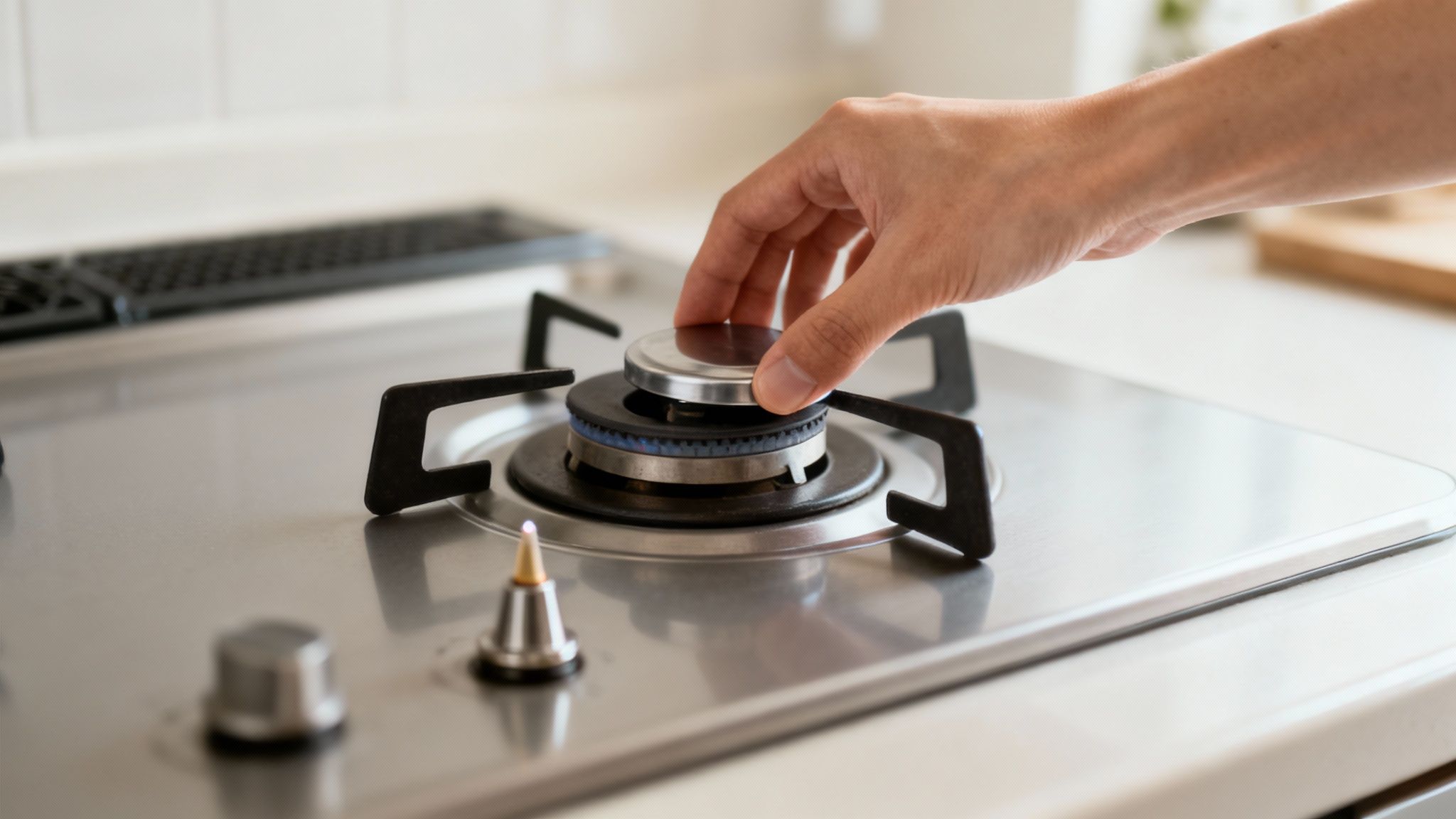 A close-up view of a gas stove burner with a person's hand using a small tool to clean around the igniter.