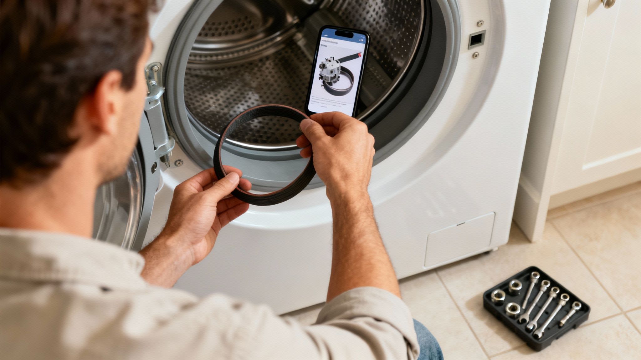 A person's hands carefully replacing a dryer's heating element coil.