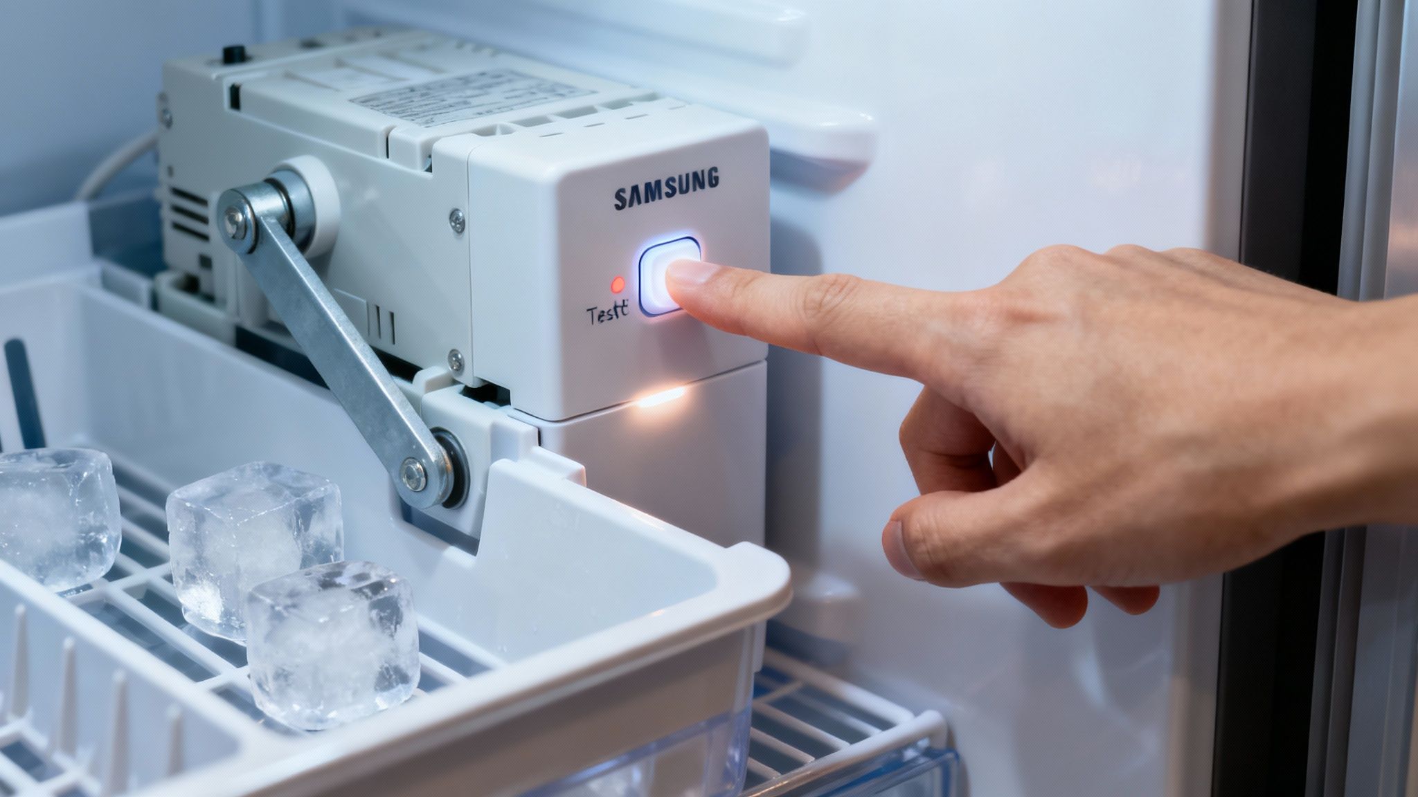 A person's finger pressing the reset button on a Samsung refrigerator ice maker.