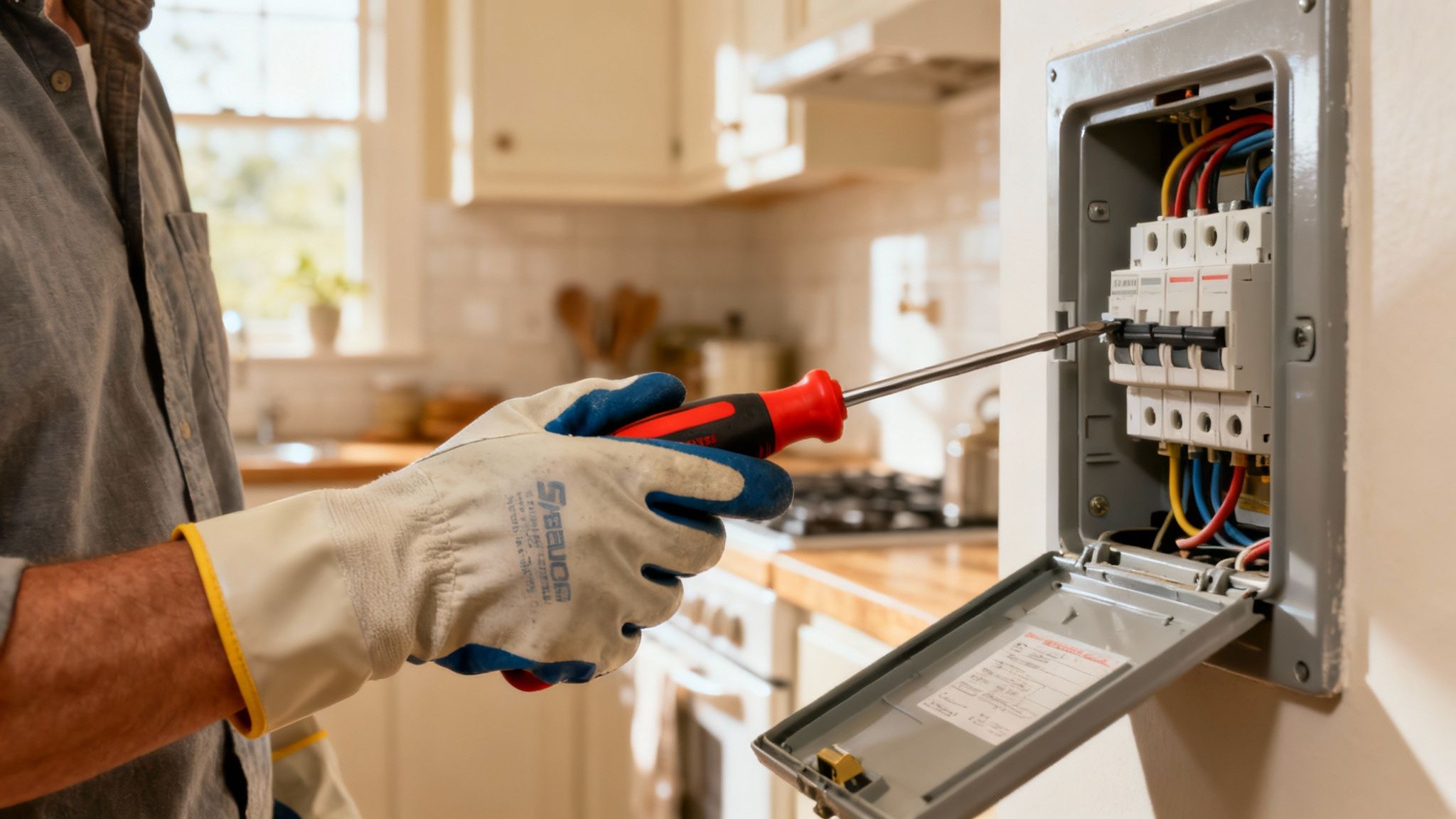 A person's hand wearing a protective glove flipping a switch on a circuit breaker panel.