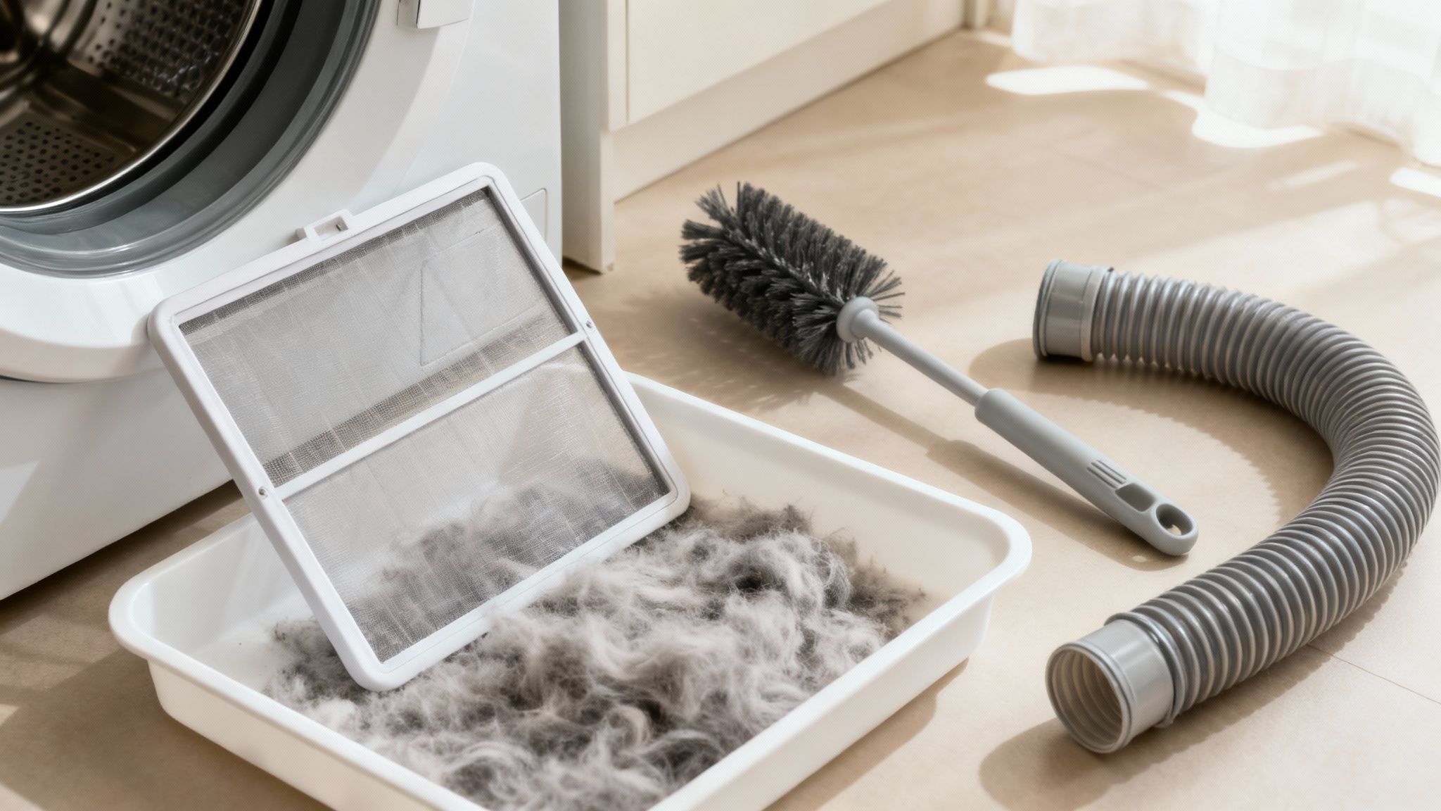 A person's hand cleaning a thick layer of lint from a dryer's lint screen.