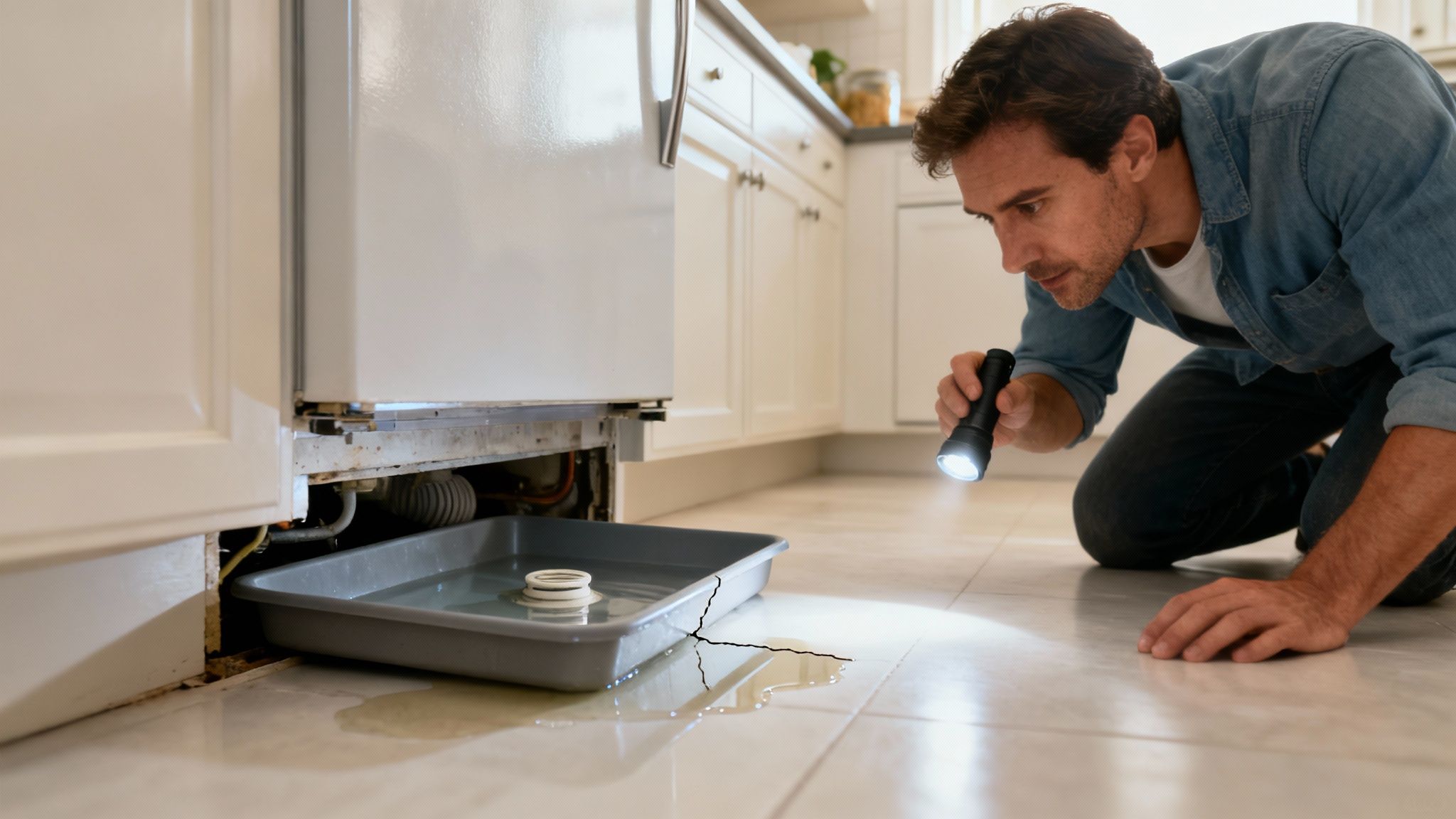 A person cautiously looking at a puddle of water with oily residue near their refrigerator.