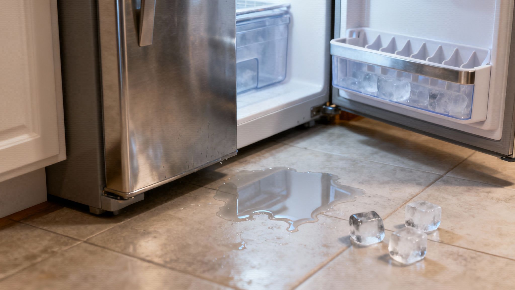A person inspecting the back of a KitchenAid refrigerator for leaks.