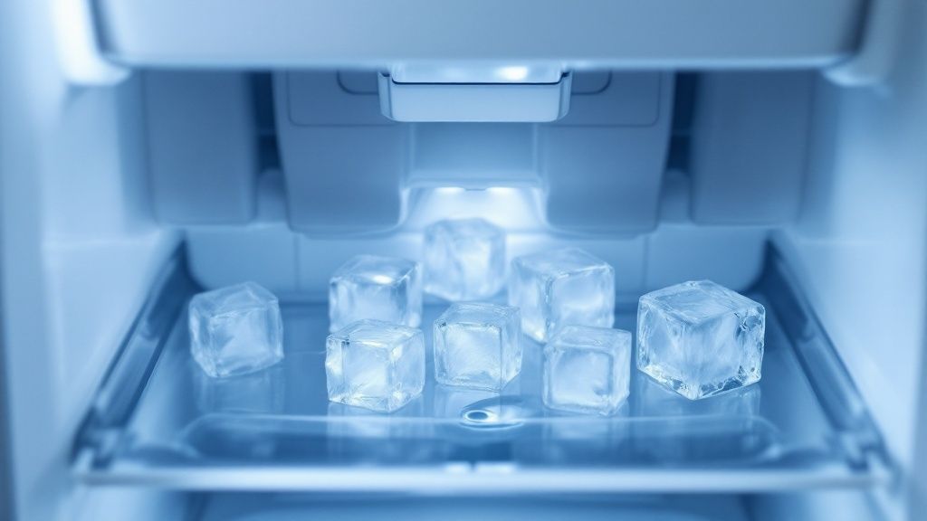 A person inspecting the interior of a refrigerator ice maker with a flashlight, highlighting the control arm and ice bin.