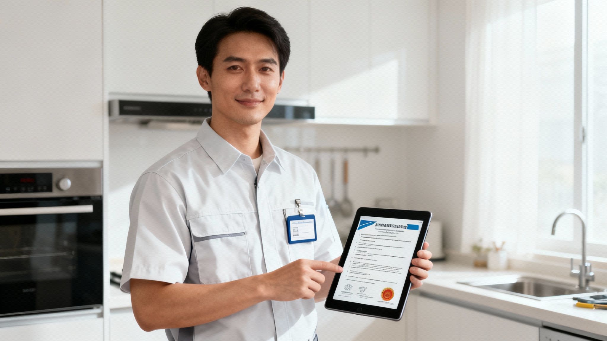A professional technician repairing a home appliance.