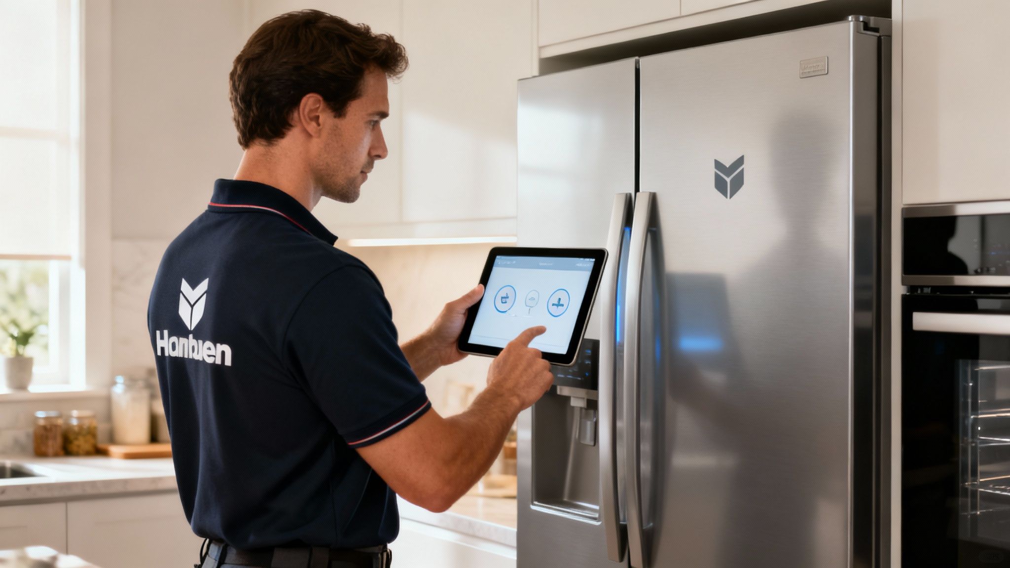 A technician working on a complex smart refrigerator in a modern kitchen.