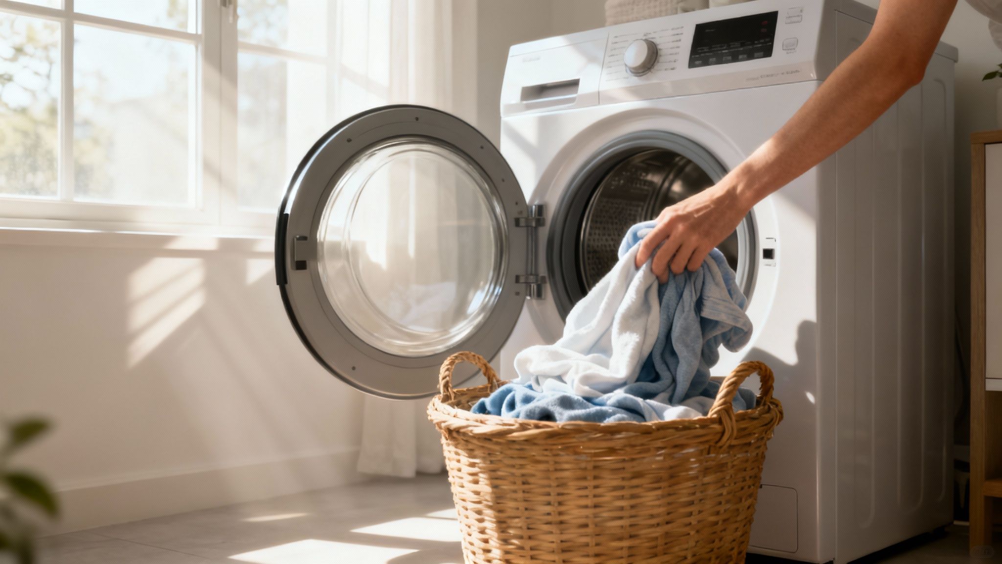 A person leaving the door of a front-loading washing machine open to air out after a cycle.