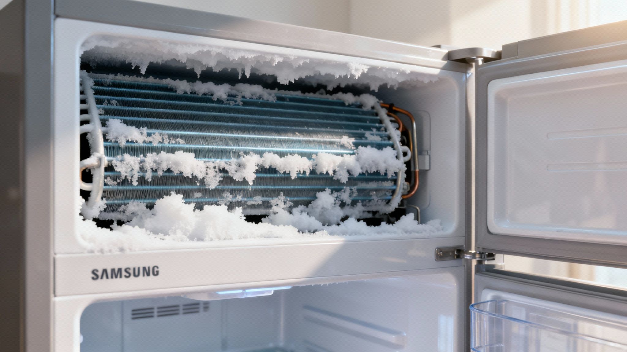 A person inspecting the back of a modern stainless steel refrigerator.