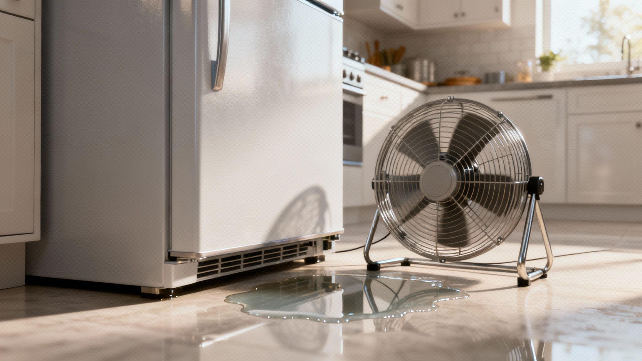A puddle of water on a kitchen floor next to a modern KitchenAid refrigerator, illustrating a common leak issue.