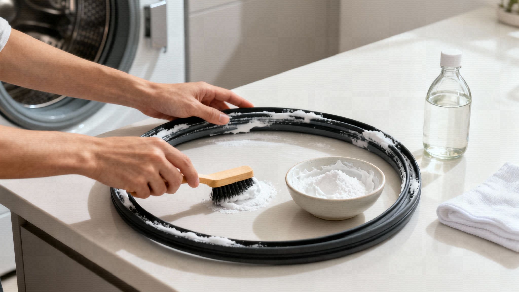A person cleaning the rubber seal of a front-load washing machine