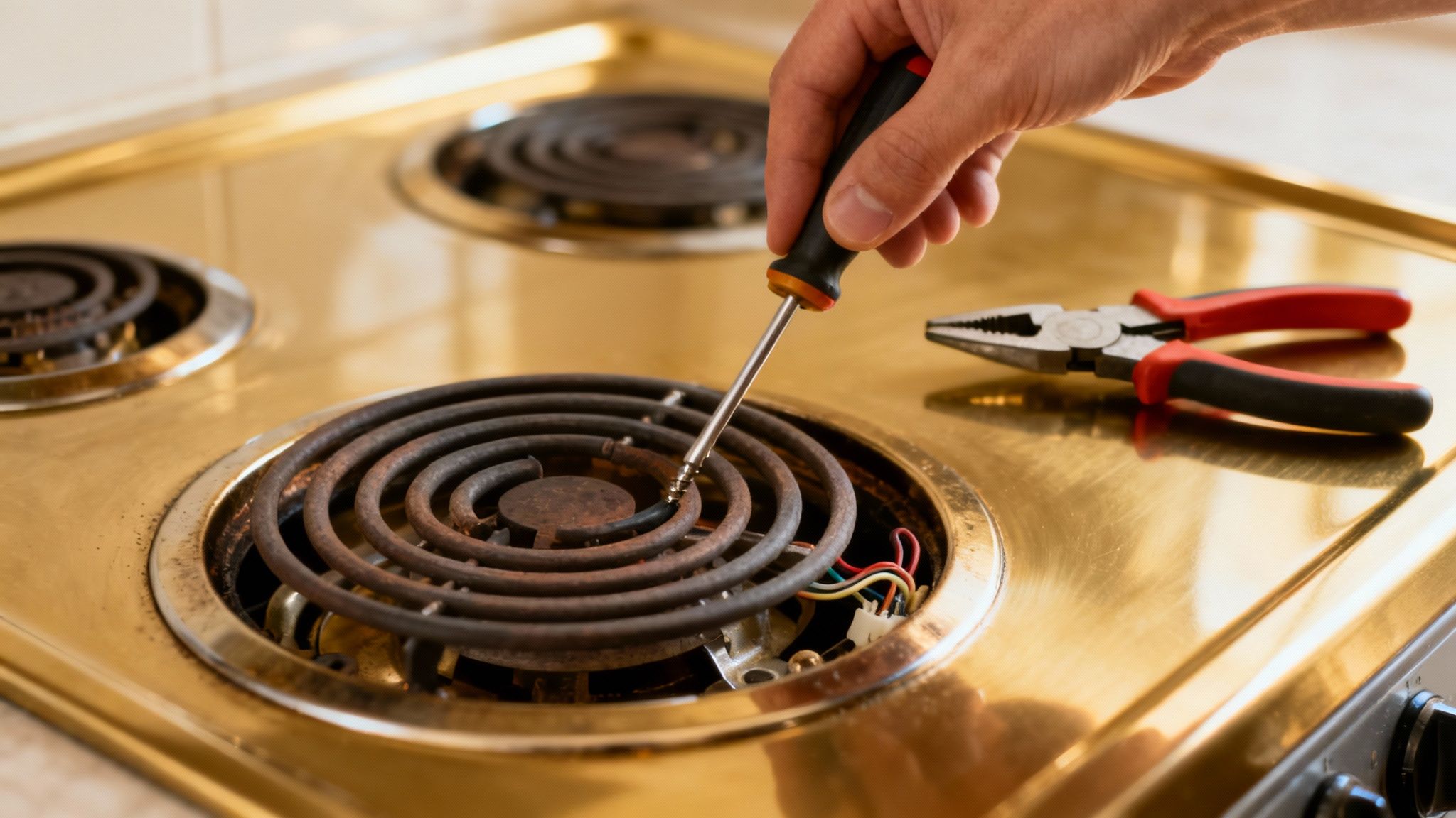 A person replacing a burner coil on an electric stove.