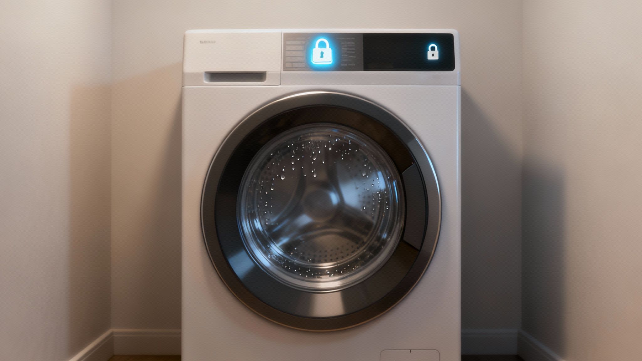 A modern front-loading washing machine with its door slightly ajar, showcasing the lock mechanism.