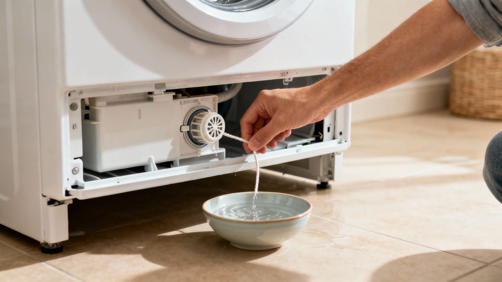 A hand points to the small manual release tab located inside the drain pump access panel of a washing machine.