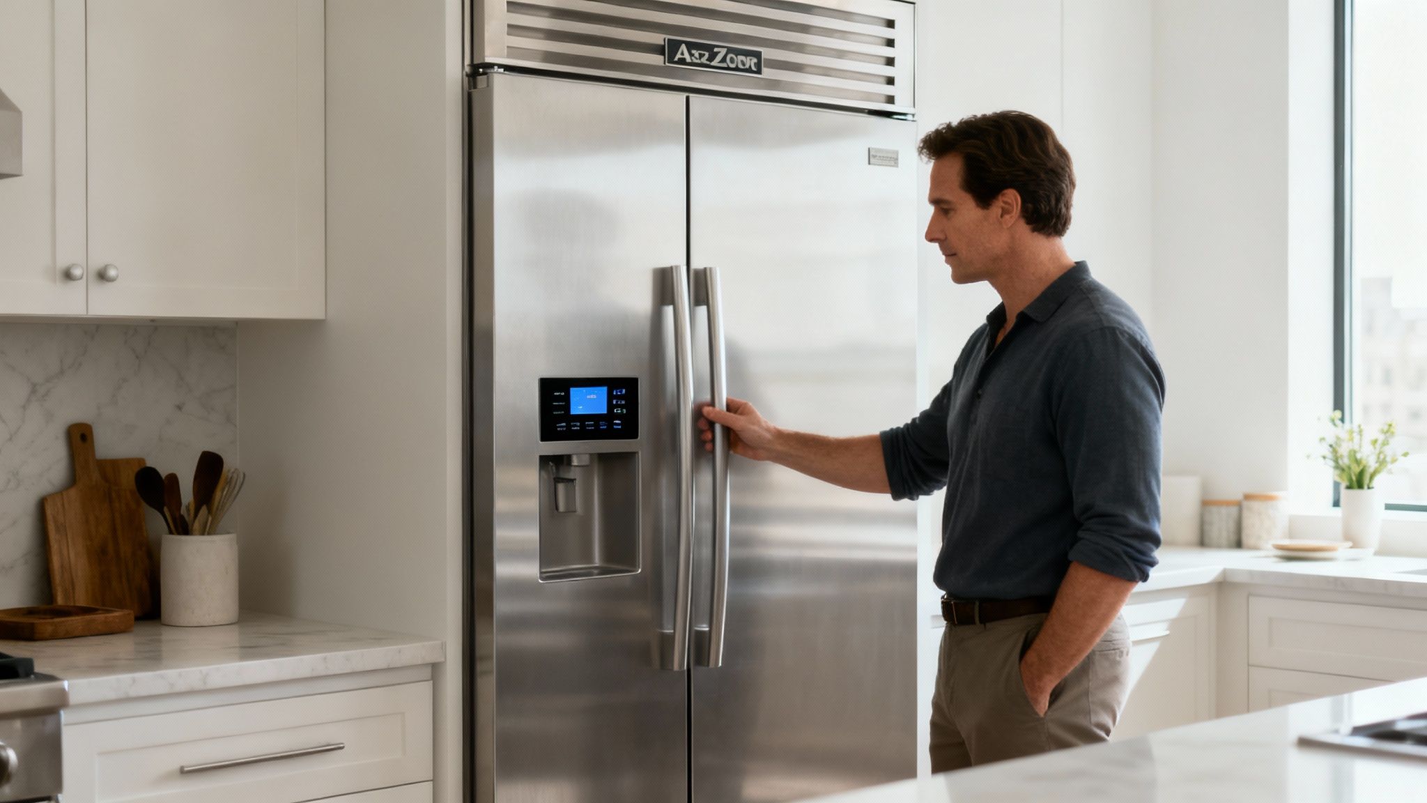 A pristine Sub-Zero refrigerator integrated into a modern, bright kitchen, showcasing luxury and quality.