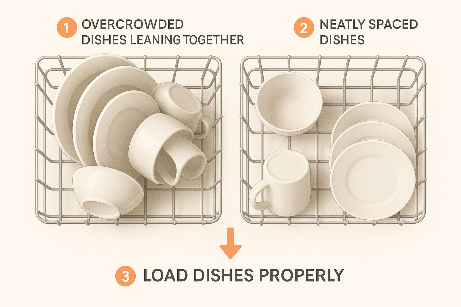 Infographic showing a dishwasher rack split into two sides: one overcrowded and messy, the other neatly spaced for optimal cleaning.