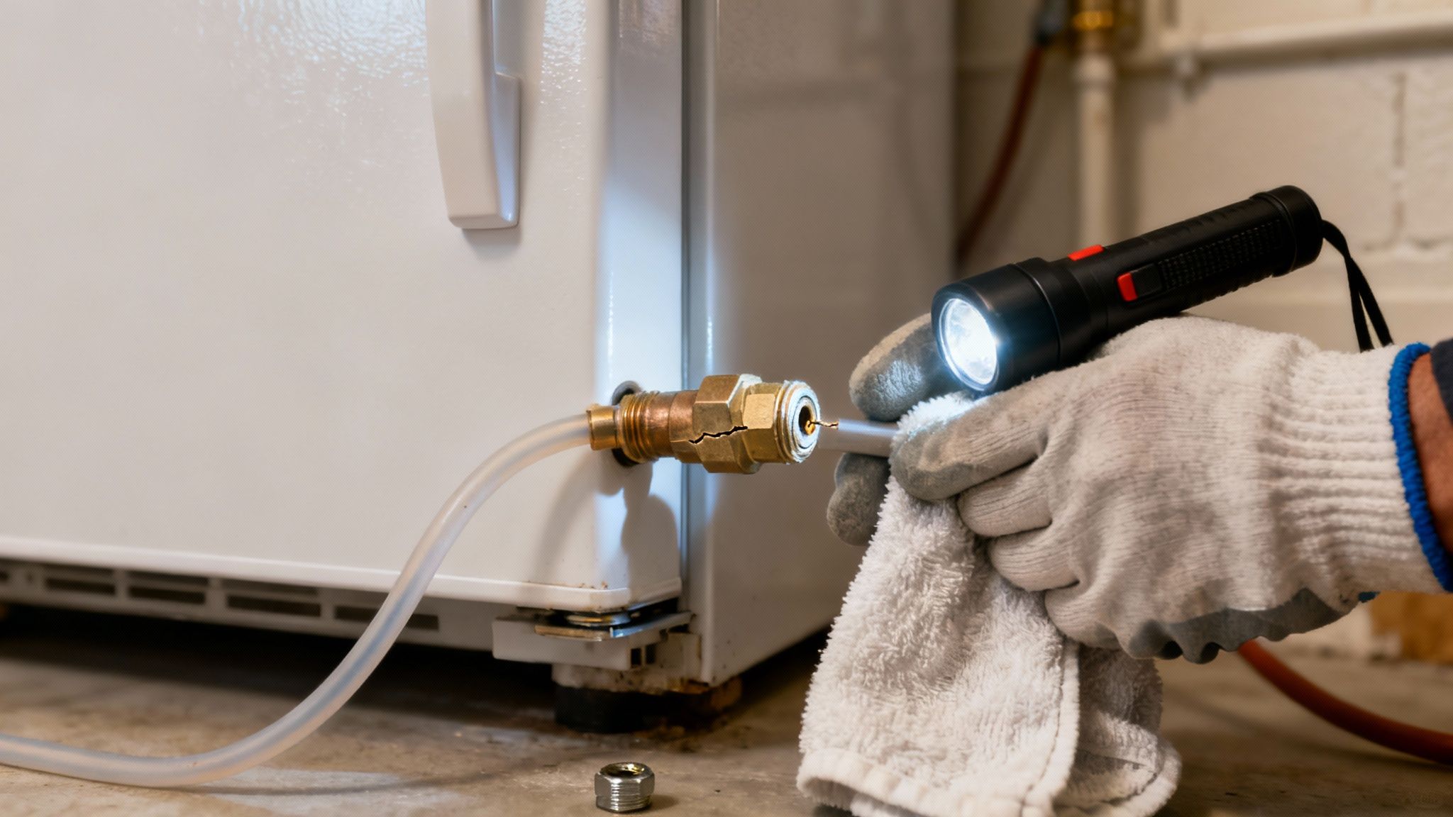 Inspecting a refrigerator drain pan for cracks and overflow.