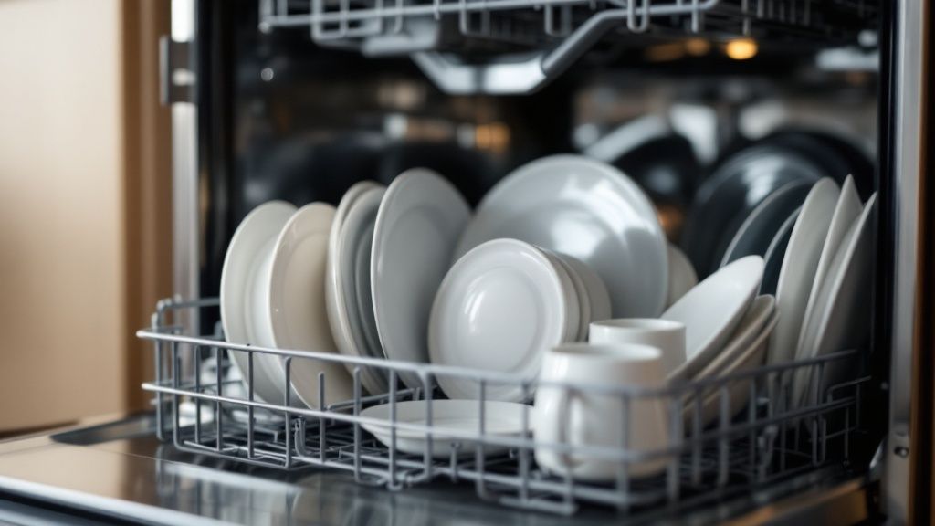A person carefully loading clean plates into the bottom rack of a modern Bosch dishwasher.
