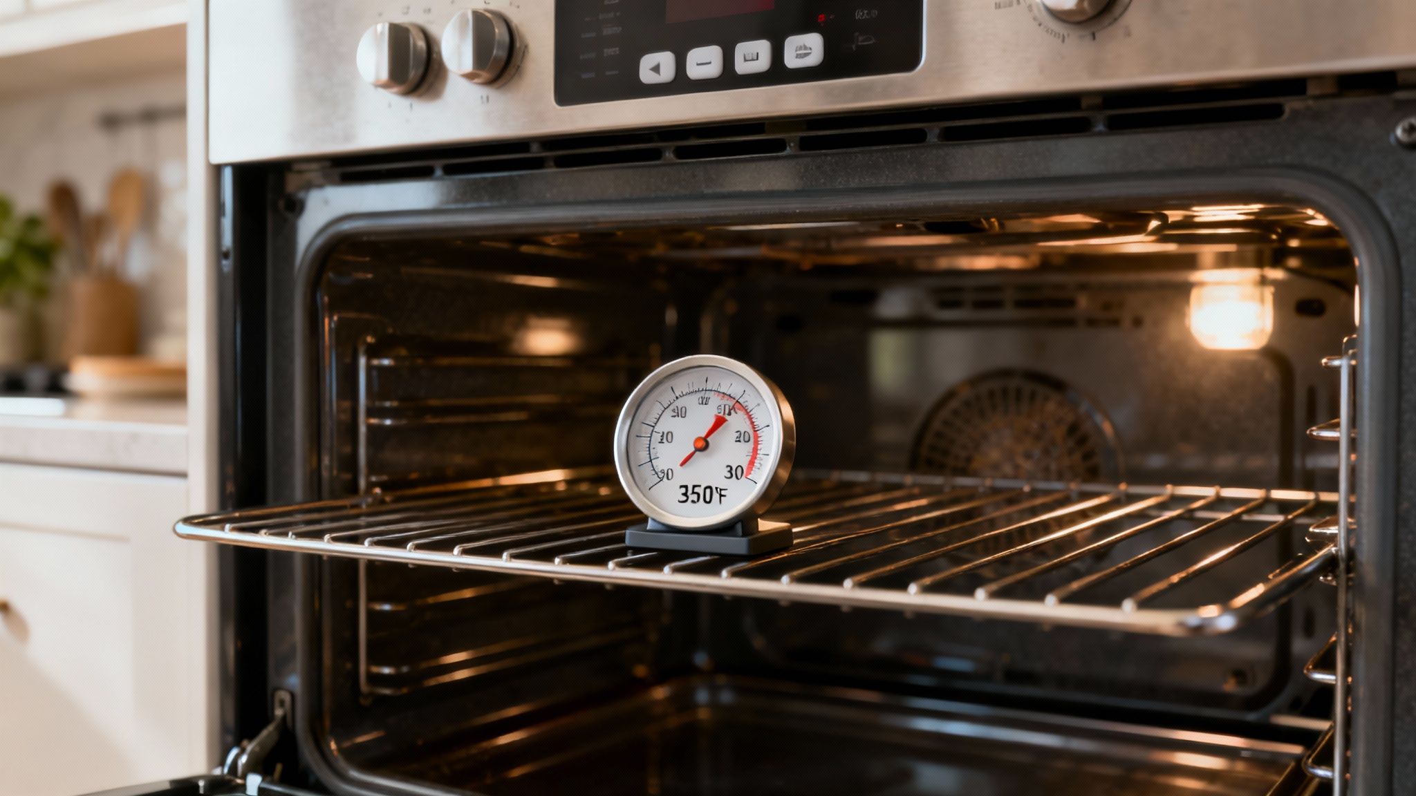 An independent oven thermometer hanging from a rack inside a clean oven, showing the temperature.