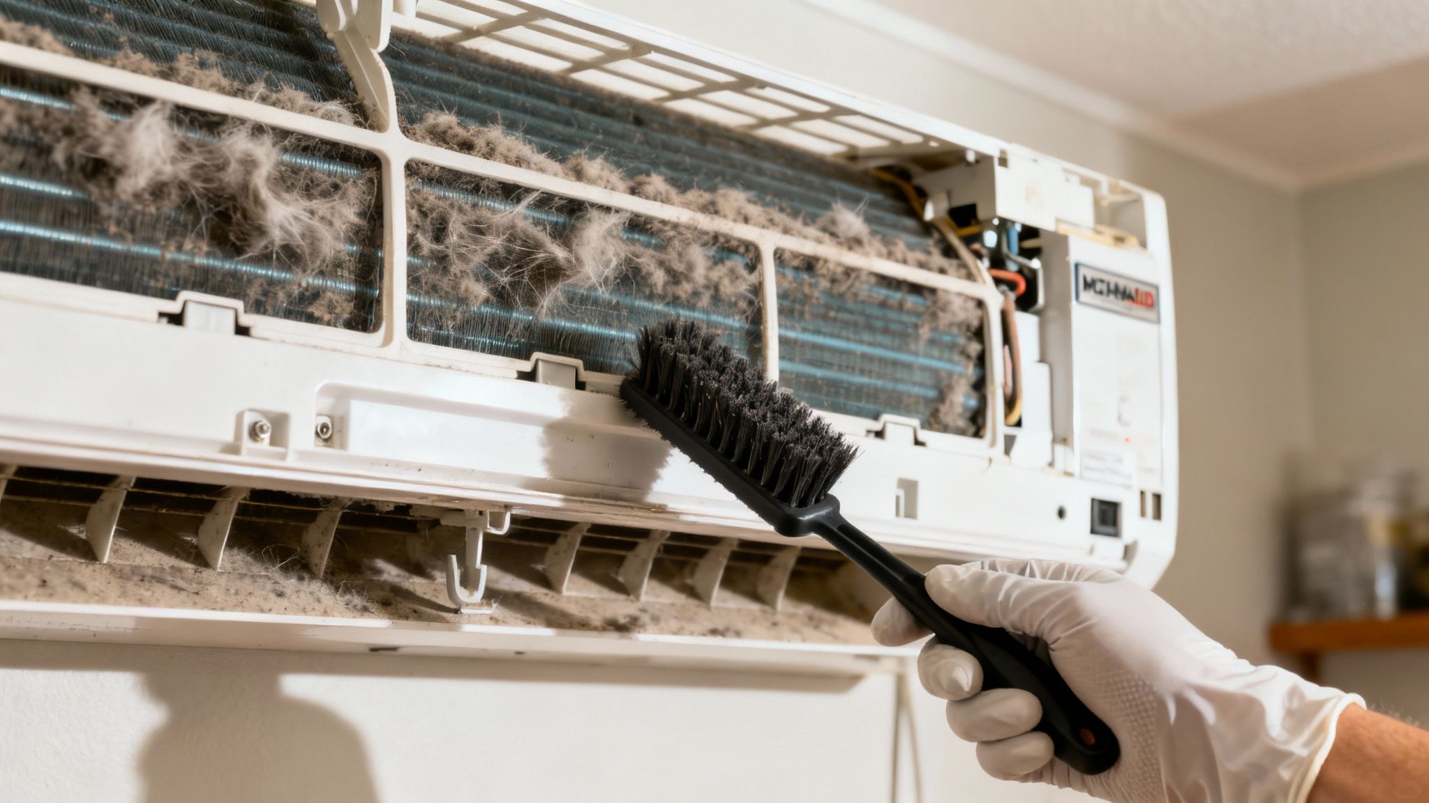A person looking concerned at their noisy refrigerator