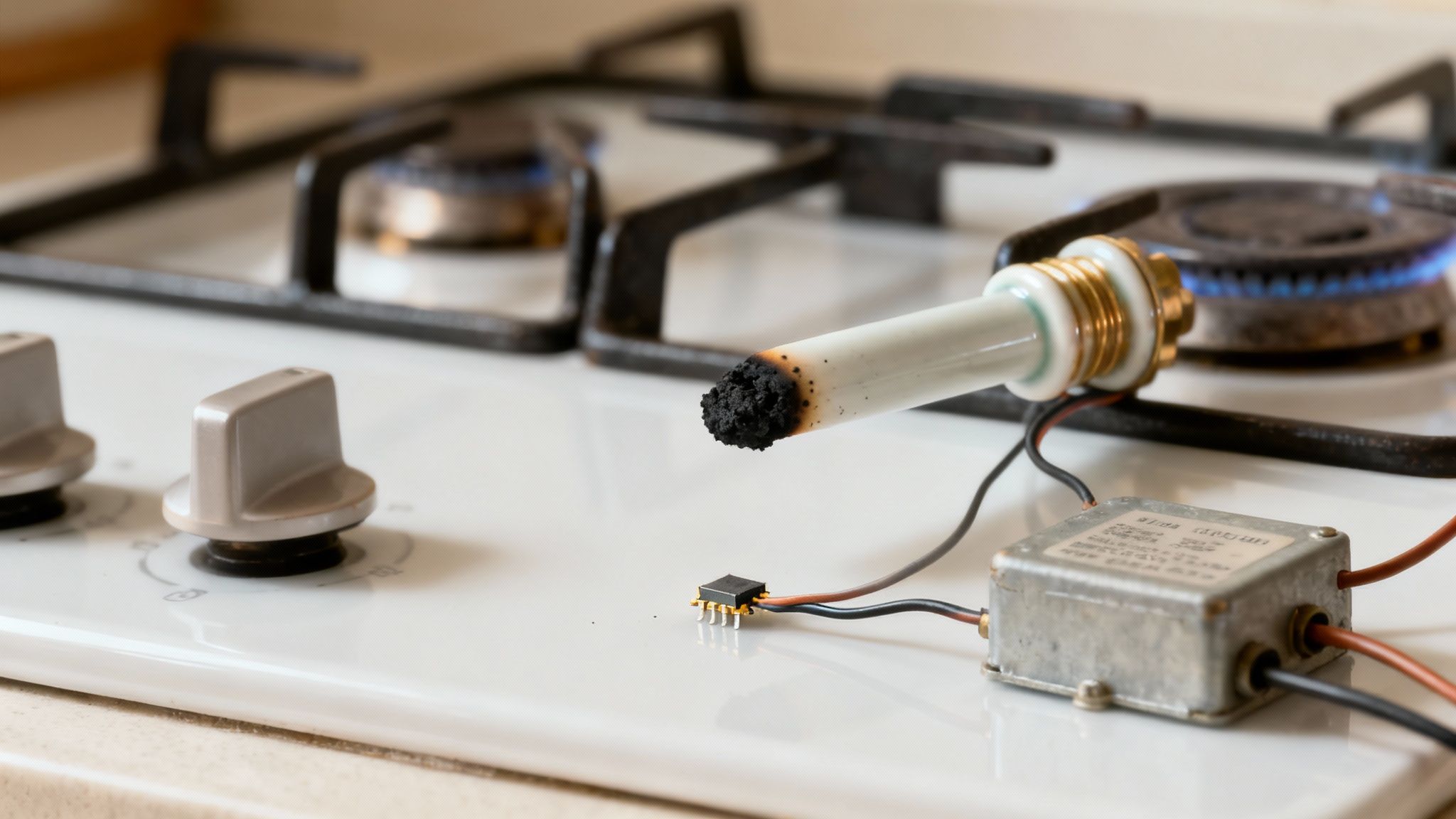 A close-up inspection of a gas range igniter and its wiring.